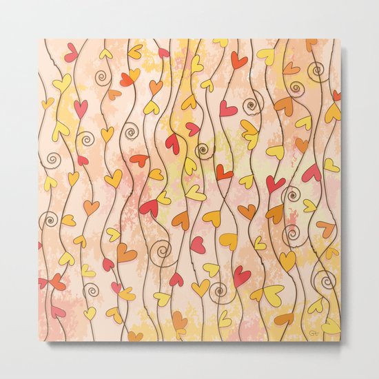Heart and Spiral Botanic Pattern III - Fall Love Metal Print