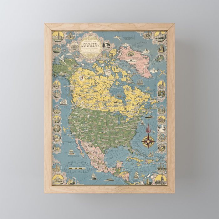  pictorial map of North America-Vintage Illustrated Map Framed Mini Art Print