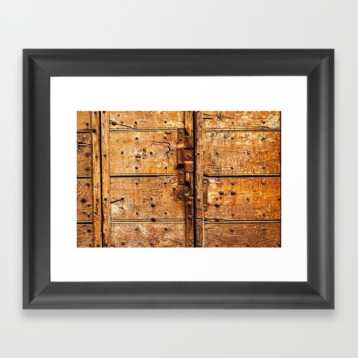 Old Weathered Wooden Door Rusty Latch and Nails Framed Art Print