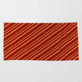 [ Thumbnail: Chocolate and Dark Red Colored Lined/Striped Pattern Beach Towel ]