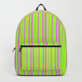 [ Thumbnail: Light Green & Violet Colored Pattern of Stripes Backpack ]