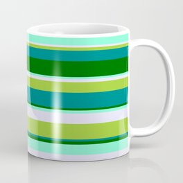 [ Thumbnail: Eyecatching Green, Teal, Dark Green, Aquamarine & Lavender Colored Striped/Lined Pattern Coffee Mug ]
