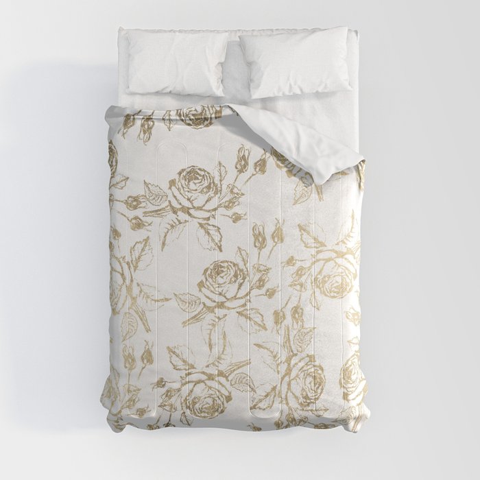 Vintage white faux gold roses floral Comforter