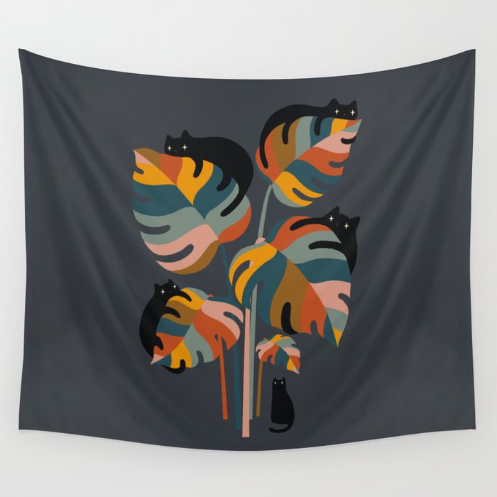 Cat and Plant 11 (Black Cats) Wall Tapestry