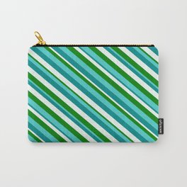 [ Thumbnail: Turquoise, Dark Cyan, Mint Cream, and Green Colored Lined Pattern Carry-All Pouch ]