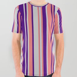 [ Thumbnail: Light Coral, Light Gray & Indigo Colored Lines Pattern All Over Graphic Tee ]