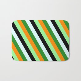 [ Thumbnail: Colorful Dark Orange, Green, Black, Light Cyan, and Forest Green Colored Lined Pattern Bath Mat ]