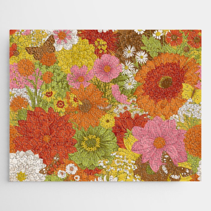 Seamless floral pattern 70s. Autumn flowers and butterflies. Warm colors.  Jigsaw Puzzle