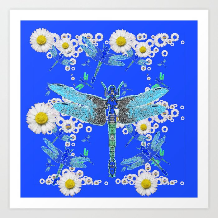 BLUE DRAGONFLIES WHITE DAISY FLOWERS  ART Art Print