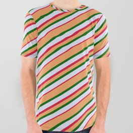 [ Thumbnail: Brown, Dark Green, Lavender, and Crimson Colored Stripes/Lines Pattern All Over Graphic Tee ]