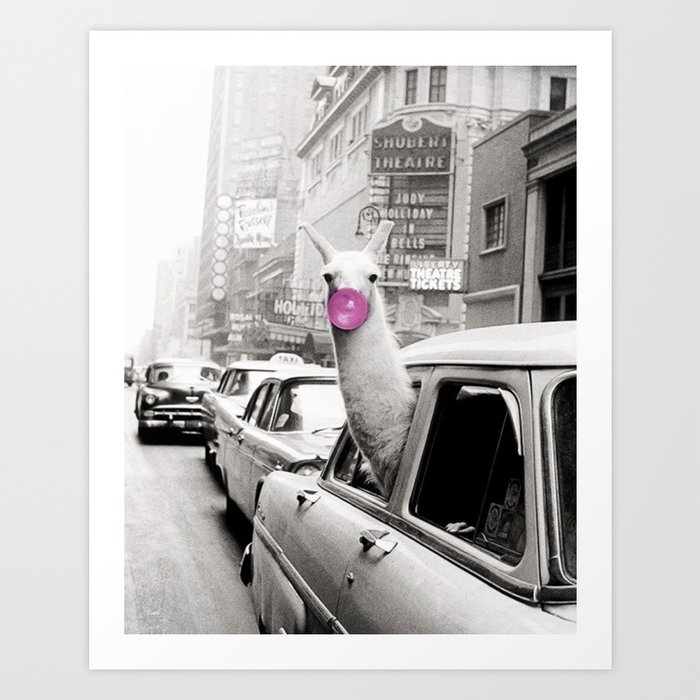 Perfect Pink Bubble Gum Llama taking a New York Taxi black and white photograph Art Print