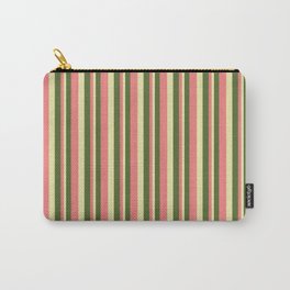 [ Thumbnail: Dark Olive Green, Light Coral, and Pale Goldenrod Colored Lined/Striped Pattern Carry-All Pouch ]