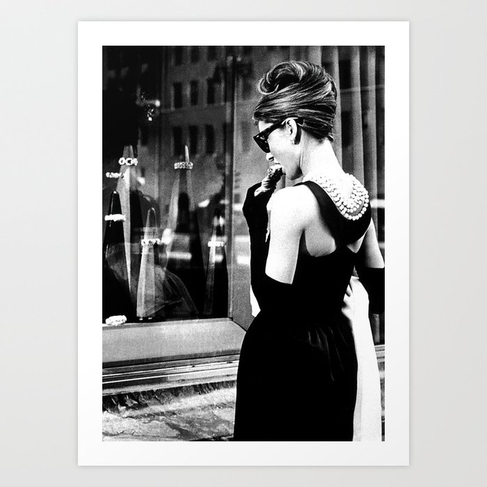 Audrey Hepburn in Black Gown, Jewelry, Vintage Black and White Art Art Print
