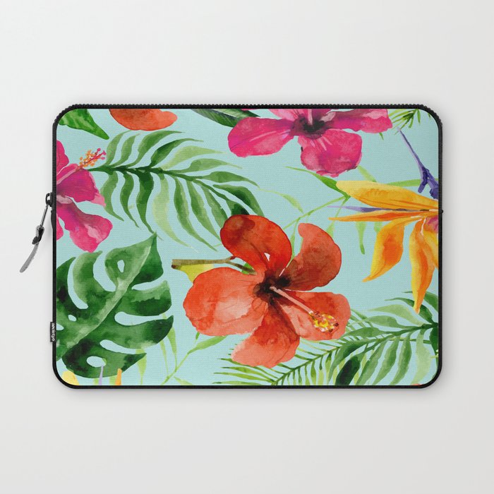 Tropical flowers and leaves on turquoise background Laptop Sleeve