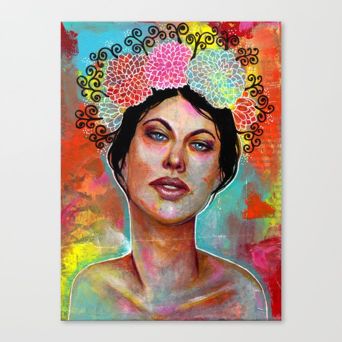 Flower Rainbow Girl in Mixed Media Canvas Print