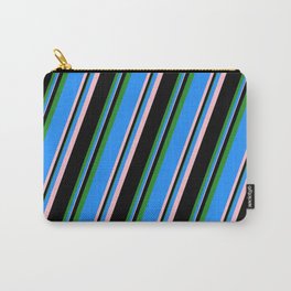[ Thumbnail: Blue, Pink, Black, and Forest Green Colored Striped Pattern Carry-All Pouch ]