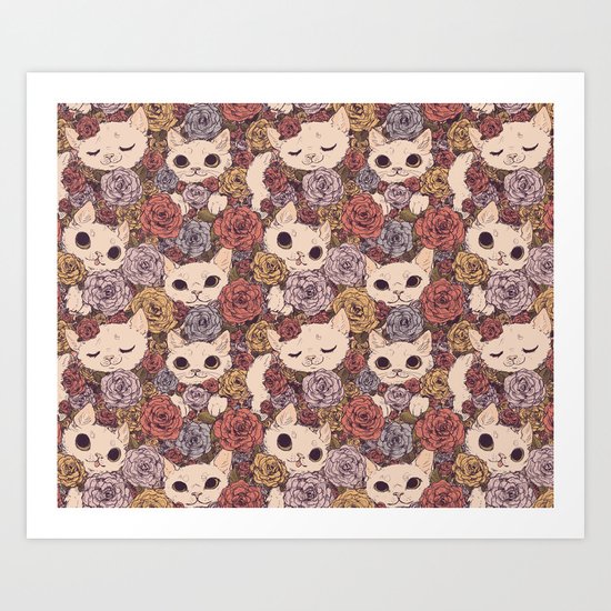 Floral Cat Pattern Art Print