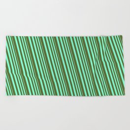 [ Thumbnail: Aquamarine & Dark Olive Green Colored Lines/Stripes Pattern Beach Towel ]
