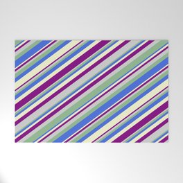 [ Thumbnail: Colorful Light Grey, Dark Sea Green, Royal Blue, Light Yellow & Purple Colored Lined/Striped Pattern Welcome Mat ]