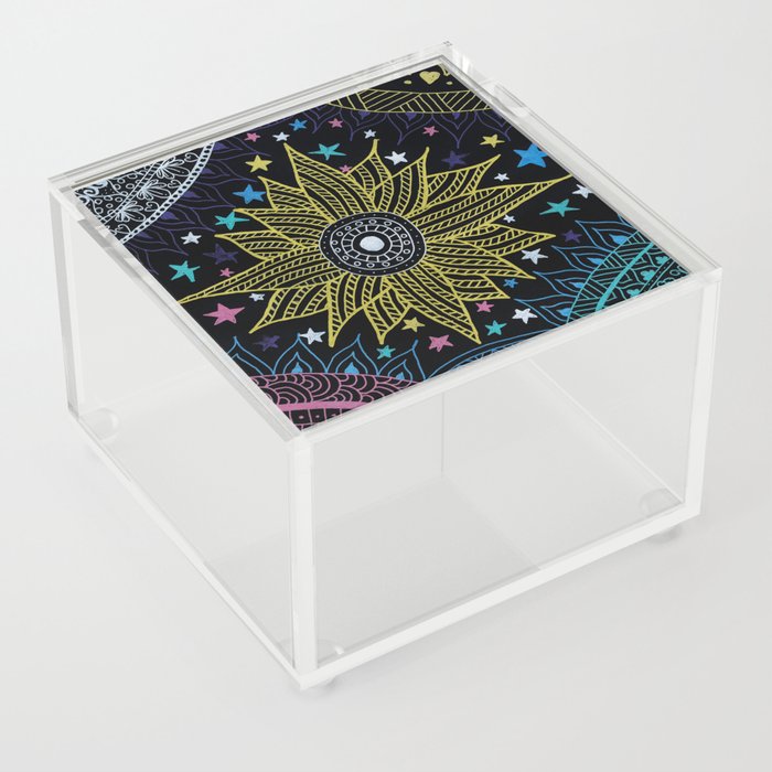 Pretty Gold Sun Mandala Doodles, Magical Galaxy & Cute Stars  Acrylic Box
