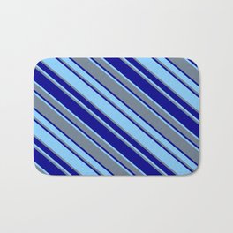 [ Thumbnail: Light Sky Blue, Slate Gray, and Dark Blue Colored Striped/Lined Pattern Bath Mat ]