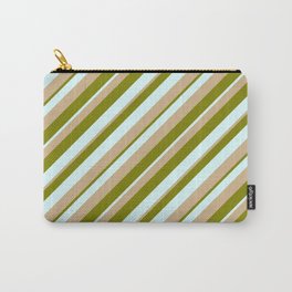 [ Thumbnail: Green, Light Cyan & Tan Colored Pattern of Stripes Carry-All Pouch ]