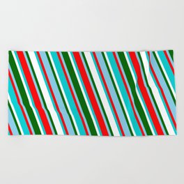 [ Thumbnail: Sky Blue, Red, Dark Turquoise, White, and Dark Green Colored Striped Pattern Beach Towel ]