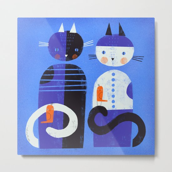 BLUE CATS ORANGE BIRDS Metal Print
