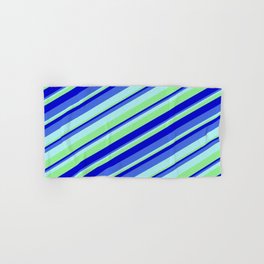 [ Thumbnail: Turquoise, Light Green, Blue, and Royal Blue Colored Stripes/Lines Pattern Hand & Bath Towel ]