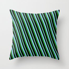 [ Thumbnail: Light Sky Blue, Forest Green & Black Colored Pattern of Stripes Throw Pillow ]