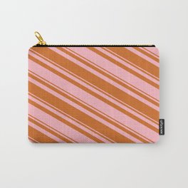 [ Thumbnail: Light Pink & Chocolate Colored Striped Pattern Carry-All Pouch ]