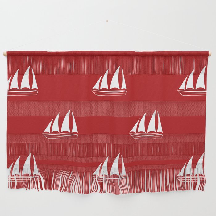 White Sailboat Pattern on red background Wall Hanging