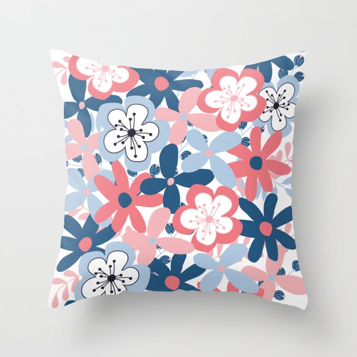 Quirky Retro Flowers in Navy Blue and Coral Pink Throw Pillow