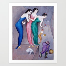 Dreams and Fantasies, Women with Pearls bowling with monkey surrealist painting by Nils Dardel Art Print