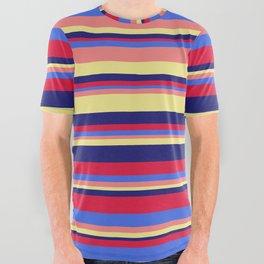 [ Thumbnail: Eye-catching Crimson, Royal Blue, Light Coral, Tan, and Midnight Blue Colored Striped/Lined Pattern All Over Graphic Tee ]