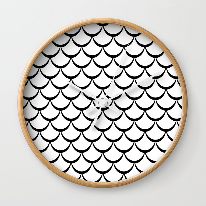 Black and White Mermaid Scales Wall Clock