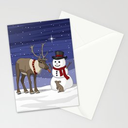 Santa's Reindeer Giving Snowman's Carrot Nose To Bunny Stationery Card