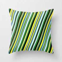[ Thumbnail: Yellow, Blue, Light Cyan, Forest Green, and Black Colored Stripes Pattern Throw Pillow ]