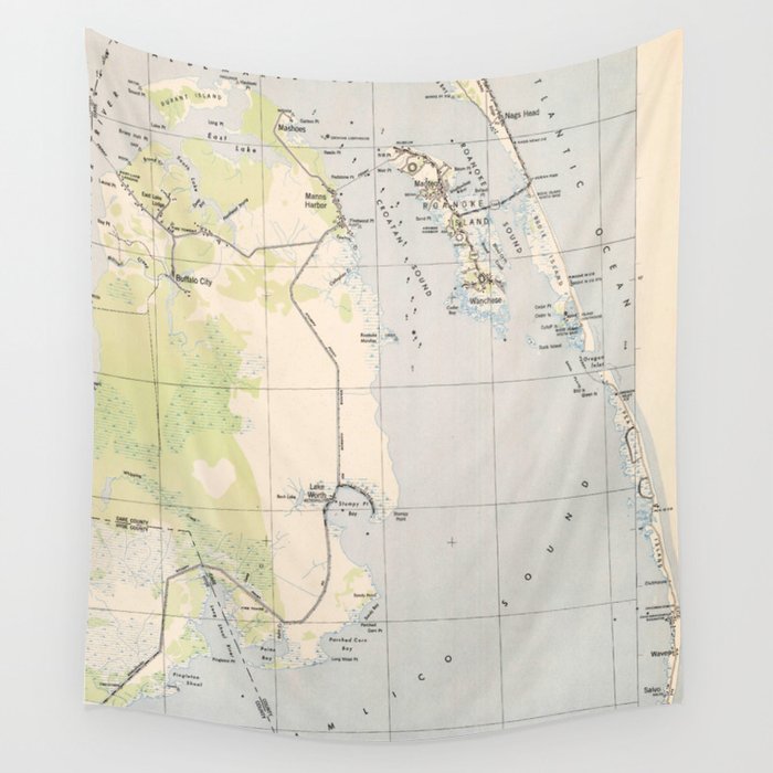Vintage Map of Roanoke Island & Outer Banks NC Wall Tapestry by BravuraMedia  Society6
