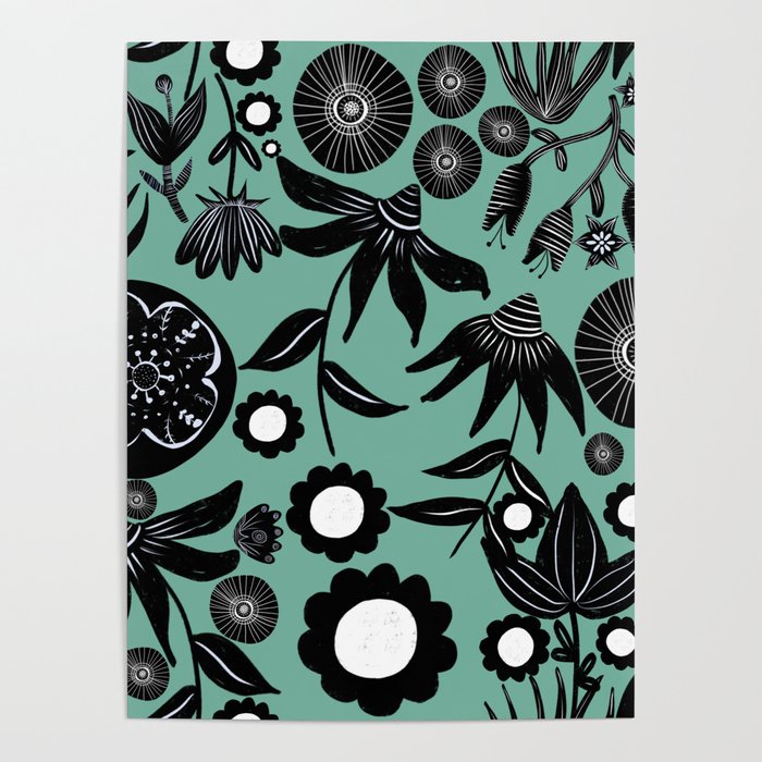 Adventure in the field of flowers - Aqua Poster