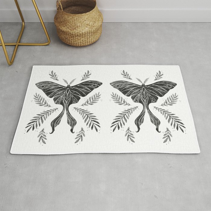 Watercolor Luna Moth in Black and White Rug
