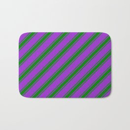 [ Thumbnail: Dark Orchid and Green Colored Striped Pattern Bath Mat ]