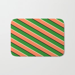 [ Thumbnail: Forest Green, Light Yellow, Coral & Black Colored Striped Pattern Bath Mat ]