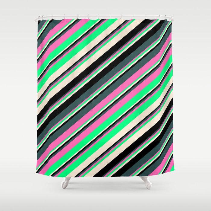 Eyecatching Dark Slate Gray, Hot Pink, Green, Beige, and Black Colored Lines Pattern Shower Curtain