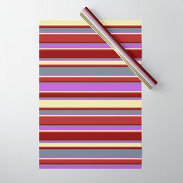 [ Thumbnail: Eyecatching Slate Gray, Orchid, Pale Goldenrod, Red, and Dark Red Colored Lines/Stripes Pattern Wrapping Paper ]