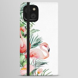 Watercolor flamingoe border with green tropical leaves and flowers illustration iPhone Wallet Case