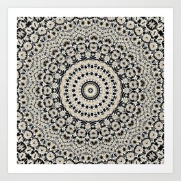 Monochrome abstract lacy floral circular retro mandala Art Print