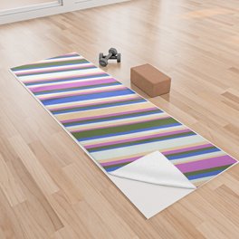 [ Thumbnail: Orchid, Dark Olive Green, Royal Blue, Mint Cream, and Tan Colored Stripes Pattern Yoga Towel ]