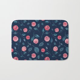 Pink Coral Watercolour Roses with Navy Blue Background Bath Mat | Painting, Watercolour, Feminine, Pinkrose, Vintage, Flowers, Grandmillennial, Beautiful, Floral, Nature 