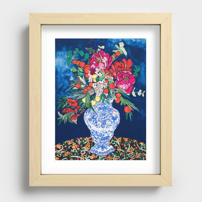 Winter Floral Peony Bouquet in Delft Vase on Dark Navy Blue Painting Recessed Framed Print